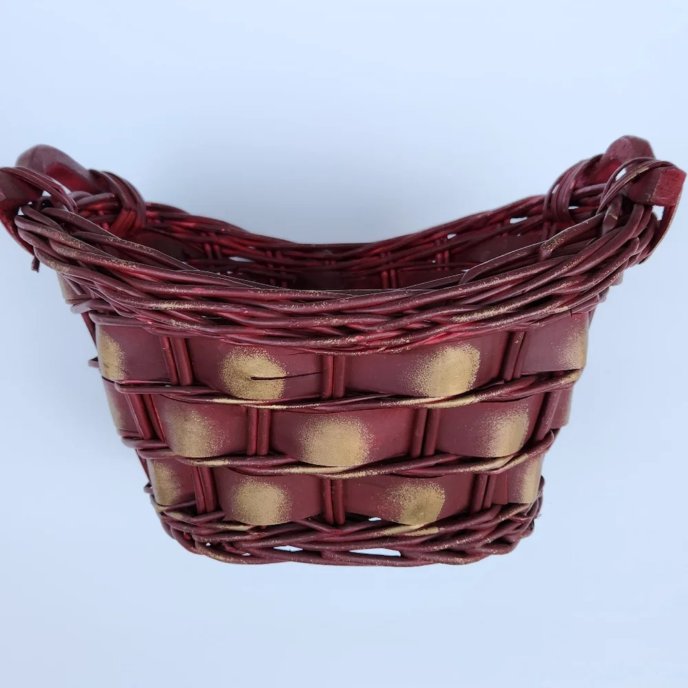 Pair of Burgundy and Gold Woven Baskets